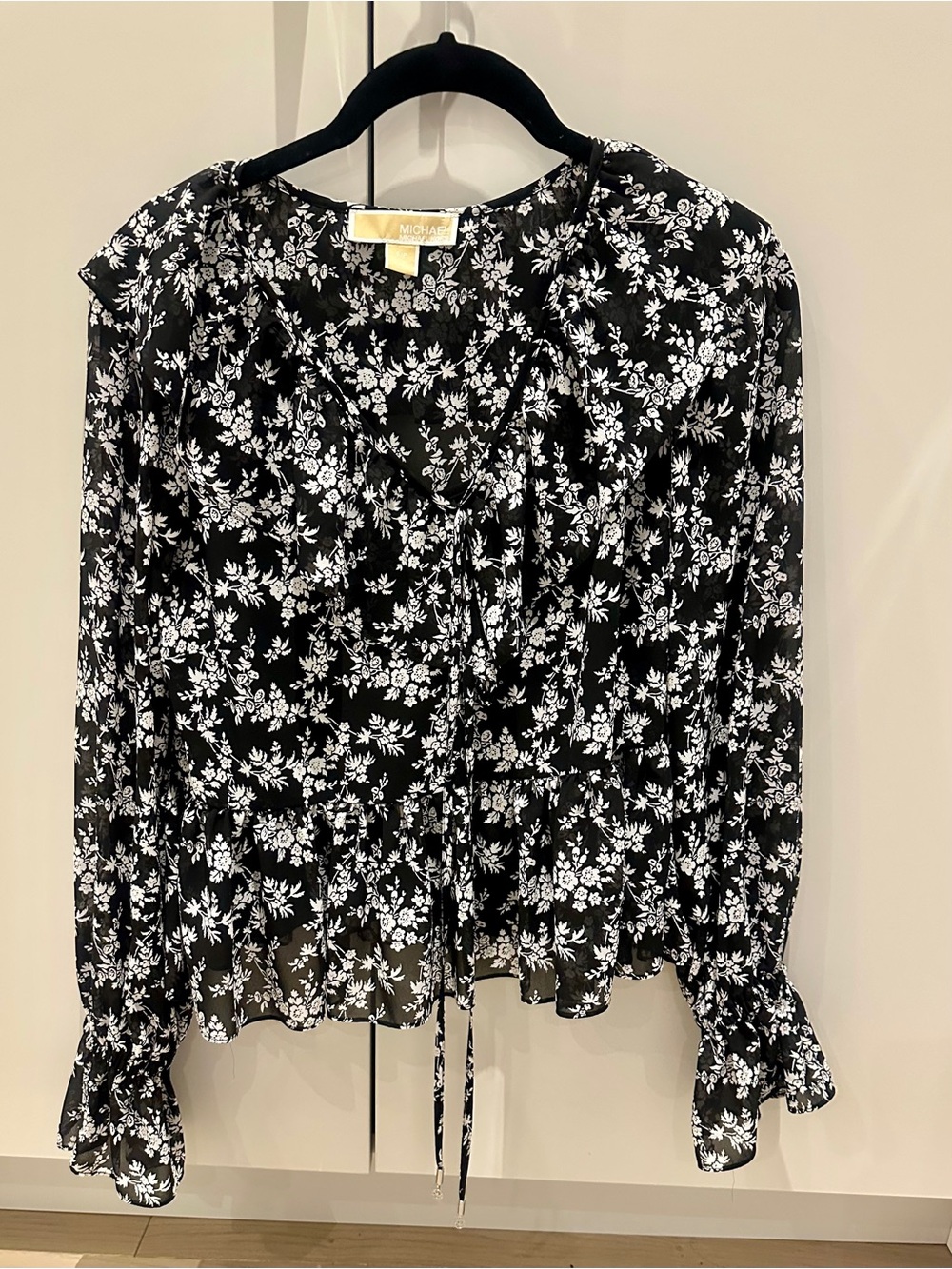 Michael Kors Black & White Floral Tie-Neck Blouse - Picture 1 of 2